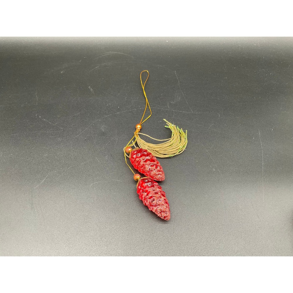 Vintage MCM Red Glitter‎ Pinecone Christmas Ornament with Tassel Gold Japan